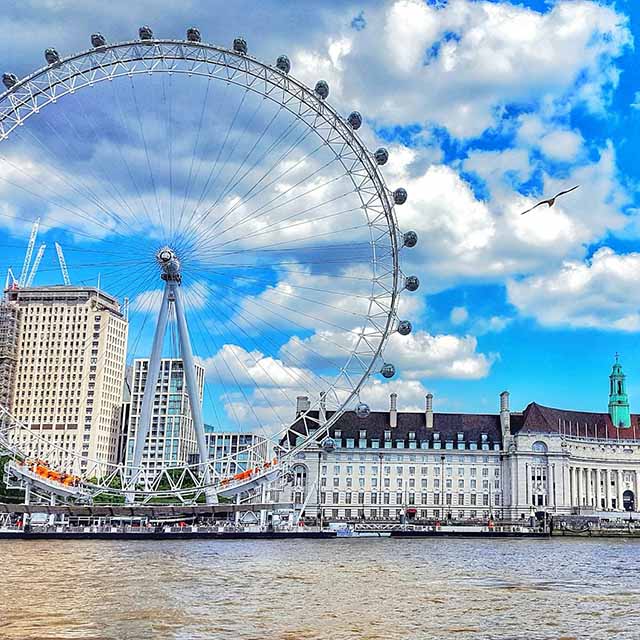 London Eye, a giant Ferris wheel on the South Bank of the River Thames in London