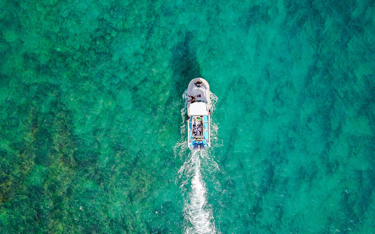 Aerial view of a single boat on the water