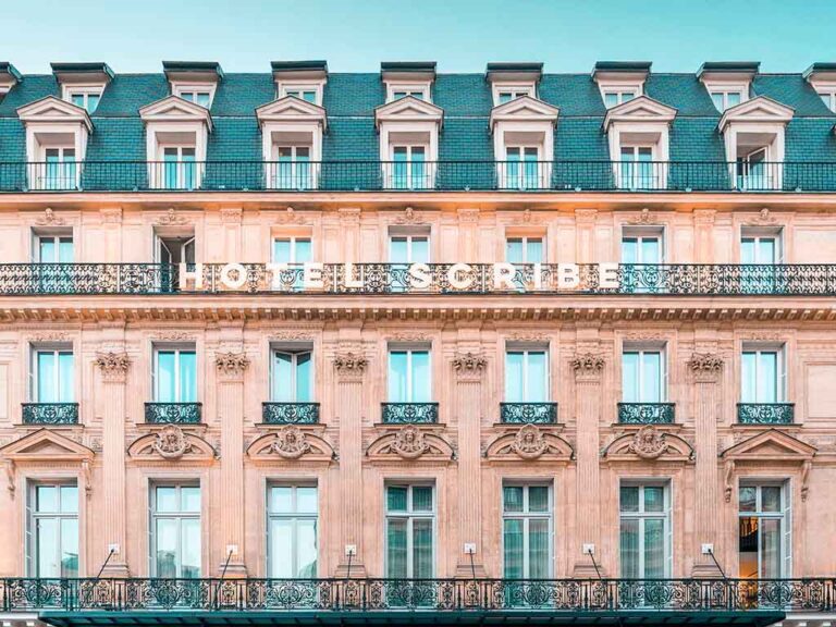 The grand exterior of Sofitel Hotel Scribe in Paris, showcasing its classic architecture and Parisian charm